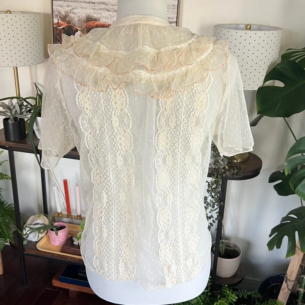 Free People Elegant Cream Lace Ruffle Top S - Picture 12 of 16
